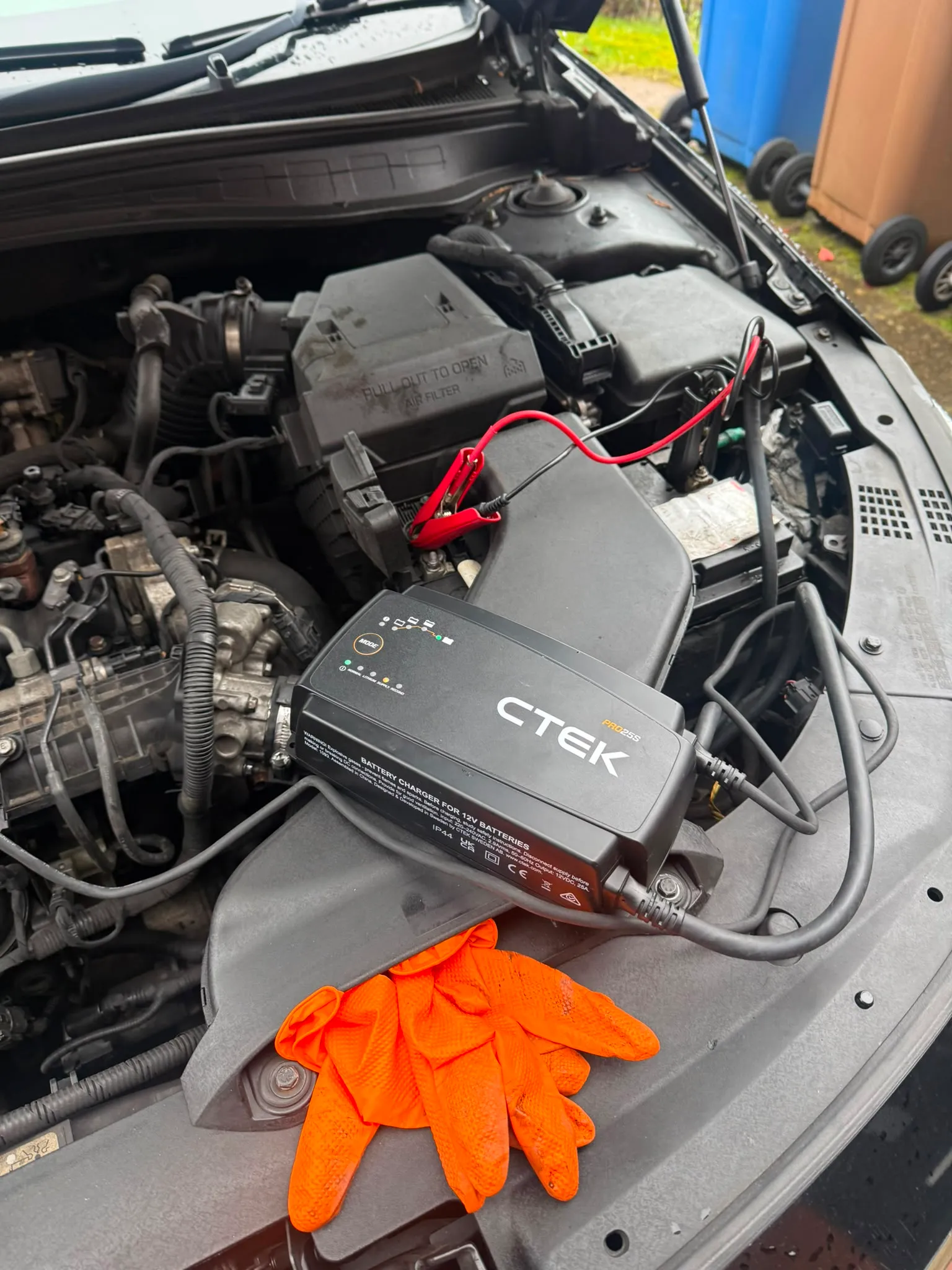 Battery support. A 25A charger holds the voltage steady so the ECU never drops mid-write.
